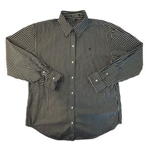 Lauren RL Women L Black White Striped Button Down Shirt Crisp Cotton Classic
